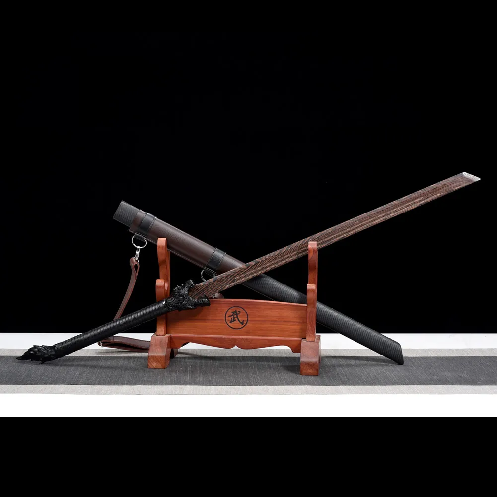 Tang Horizontal Sword Type B crossed display of two swords on a wooden stand.