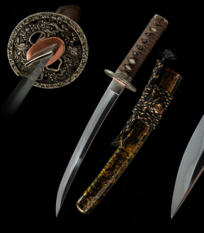 Full set of Gold Dragon Wakizashi with blade, scabbard, and fittings