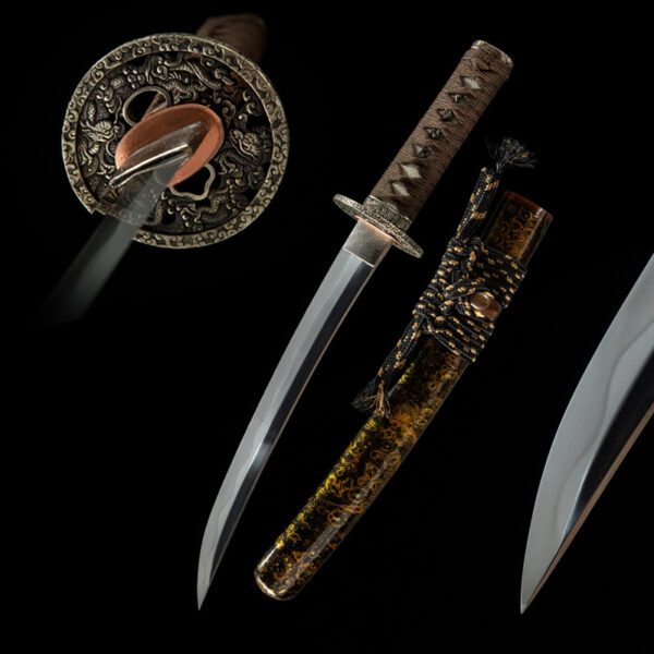 Full set of Gold Dragon Wakizashi with blade, scabbard, and fittings