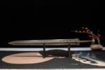 Han Xin Sword, a complete display of the sword horizontally on a wooden stand, showing its full length and dignified form.