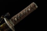 Close-up of handle wrapping and menuki of Gold Dragon Wakizashi