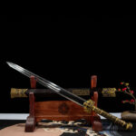 Dragon God Sword on a display stand, showcasing the scabbard and separated blade, with a close-up on the sharp edge and elegant hilt.
