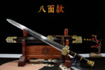Han Xin Sword, an overall display of the eight-sided style, with the blade unsheathed on a wooden stand, highlighting its unique blade shape.