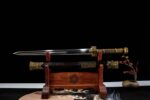 Dragon God Sword fully displayed on a wooden stand, showcasing its overall design