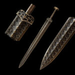 Han Xin Sword, a complete view of the sword and scabbard side-by-side, highlighting the matching exquisite diamond patterns.