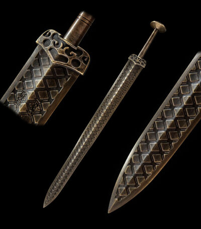 Han Xin Sword, a complete view of the sword and scabbard side-by-side, highlighting the matching exquisite diamond patterns.