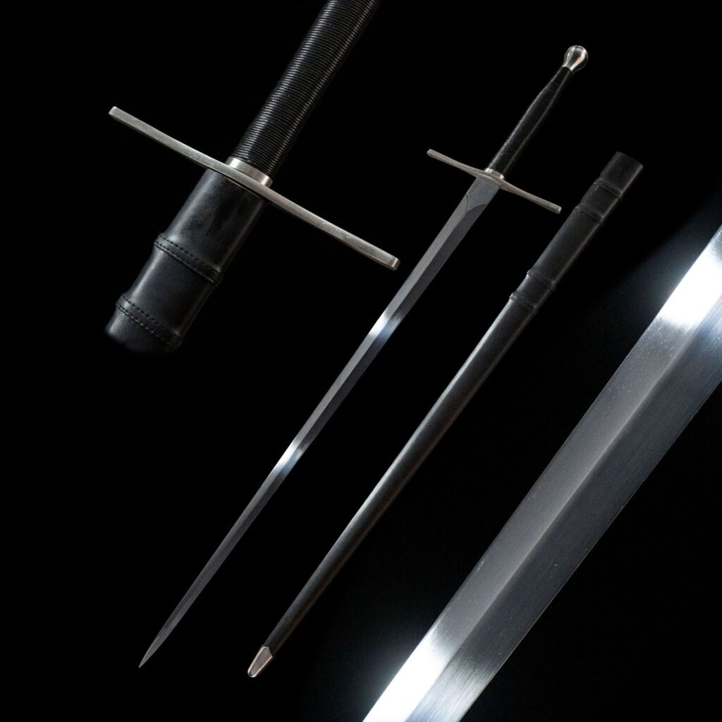 Lightweight European sword, a display of disassembled parts including the blade, handguard, handle, and pommel, illustrating its construction.