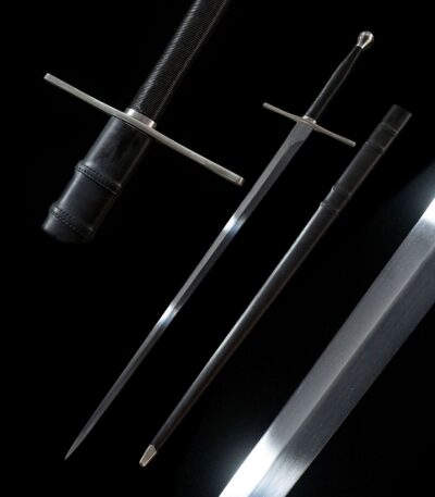 Lightweight European sword, a display of disassembled parts including the blade, handguard, handle, and pommel, illustrating its construction.