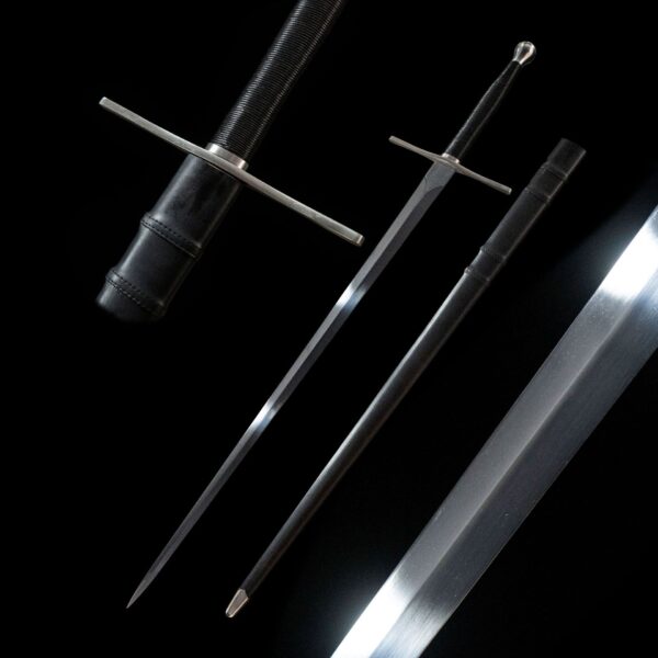 Lightweight European sword, a display of disassembled parts including the blade, handguard, handle, and pommel, illustrating its construction.