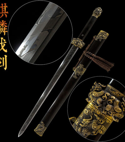 Qilin Sword, a detailed close-up of disassembled components, including the hilt, blade, and scabbard, illustrating overall craftsmanship.