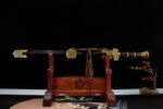Han Xin Sword, a complete display of the sword on a wooden stand, highlighting the handle details, decorative tassel, and overall presentation.