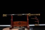 Dragon God Sword, full view on display stand, showcasing elegant hilt and overall classic design.