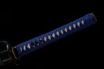Shadow Katana, full view of the blue handle, with a close-up showing the openwork tsuba and detailed wrapping