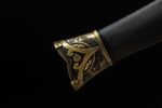 Longming Sword scabbard end, showcasing its circular ornament and metal finish.
