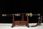 Great Ming Yongle sword, full view of the scabbard and blade displayed on a stand