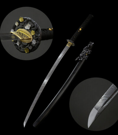 Close-up of Dark Plum katana blade and fittings