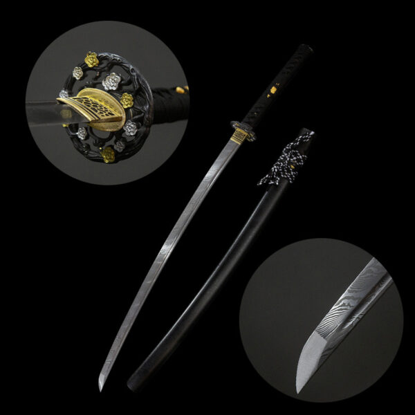Close-up of Dark Plum katana blade and fittings