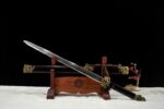 Qilin Sword unsheathing, displayed at an angle on a wooden stand, highlighting its fluid lines and design.