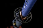 Shadow Katana handle and tsuba joint, blue wrapping and openwork tsuba details